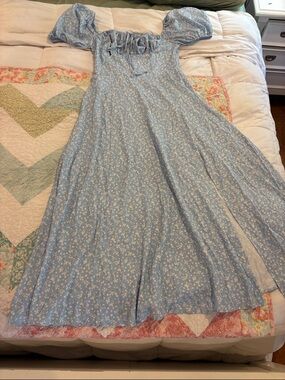 Light Blue Floral Puff Sleeve Maxi Dress